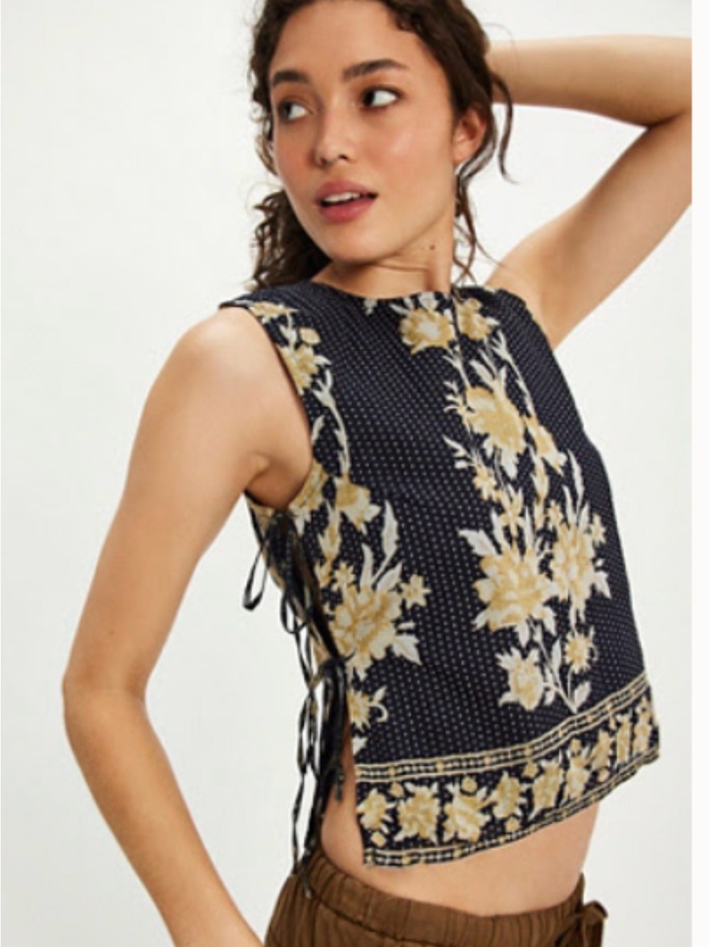 Free People Black Tank with Gold Floral Print and Side Ties